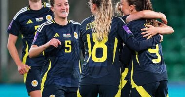 Weir, right, is congratulated by team-mates after the third goal against Hungary