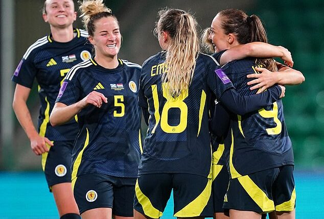 Weir, right, is congratulated by team-mates after the third goal against Hungary