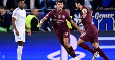 Matheus Nunes, centre, played in Man City's Champions League win over Slovan Bratislava