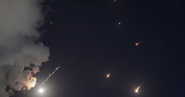 Projectiles being intercepted by Israel above Tel Aviv