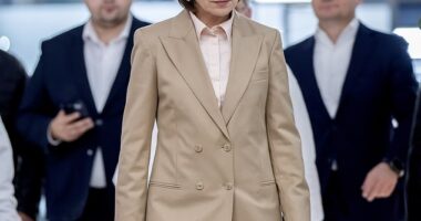 President of Moldova Maia Sandu arrives at her press briefing in Chisinau, Moldova, early 21 October 2024