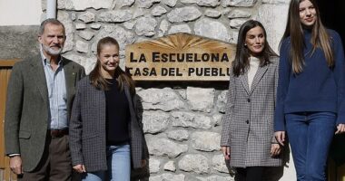 Queen Letizia of Spain cut a chic figure in a smart casual ensemble as she visited the winner of the Exemplary Town of Asturias Awards with the Spanish royal family today