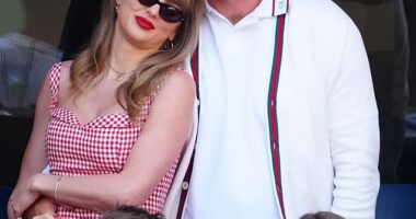 Taylor Swift reportedly feels 'a tremendous sense of peace' when she is around her boyfriend, Travis Kelce (seen last month)