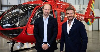 Prince William and David Beckham were seen sharing a private joke at RAF Northolt, in West London, this week as they inspected two London Air Ambulances bought with money they had helped to raise