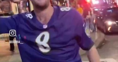 This Baltimore Ravens fan was seen fighting two Washington Commanders fans on Sunday