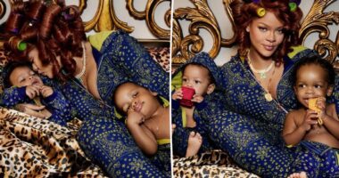 Rihanna twins with sons RZA and Riot Rose in Savage x Fenty onesies