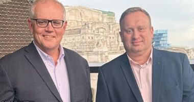 Former Prime Minister Scott Morrison with Space Centre Australia CEO James Palmer after joining the company board