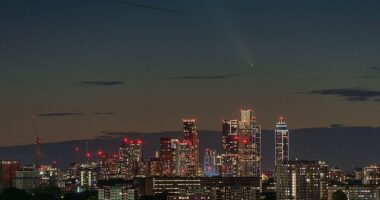 It has been spotted over the London city skyline just after yesterday's sunset as it comes within 44 million miles of Earth