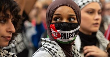 The findings reveal one in ten of those aged 18 to 24 have a ­'favourable view' of Hamas. (Protesters attend a 'Stop The War Coalition')