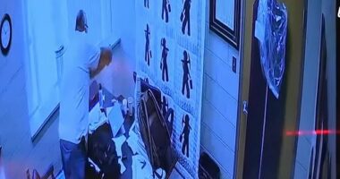 In the chilling footage played in the opening minutes of his preliminary hearing on Tuesday, Stines repeatedly shot Mullins, 54, as he sat behind his desk