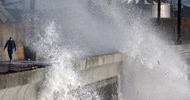 Waves batter the seafront in Saltcoats, Ayrshire