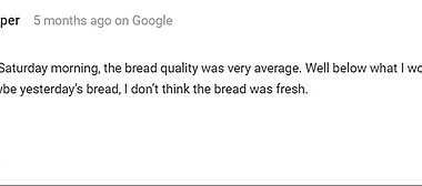 He gave the bakery one star out of five for food, service and atmosphere