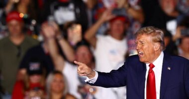 epRublican presidential nominee and former U.S. president Donald Trump gestures during a rally at the site of the July assassination attempt against him, in Butler, Pennsylvania, U.S., October 5, 2024