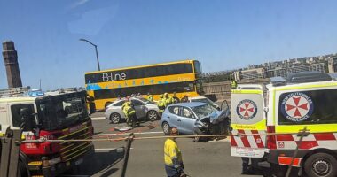 All lanes are closed in both directions on the Sydney Harbour Bridge while emergency services attend a multiple vehicle crash on the deck of the bridge (pictured)