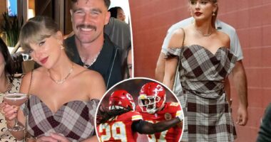 Taylor Swift and Travis Kelce cuddle up at post-game party after Chiefs' victory