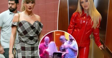 Taylor Swift hugs pregnant Brittany Mahomes at Chiefs vs. Saints game