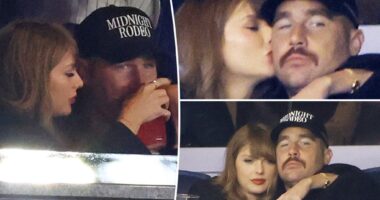 Taylor Swift smooches Travis Kelce at Yankees vs. Guardians game