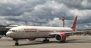 An Air India pilot has reported that there is a 'bomb threat' on board a plane as it approaches London. Pictured: a stock image of an Air India Boeing 777