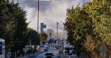 Smoke rises as security forces, firefighters, and paramedics are dispatched to Turkish Aerospace Industries' (TAI) facilities after explosions and gunshots were reported