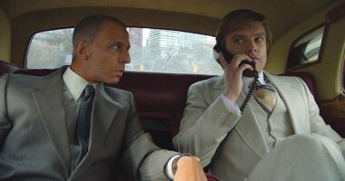 Jeremy Strong and Sebastian Stan as Donald Trump in The Apprentice