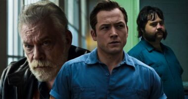 A collage of Ray Liotta, Taron Egerton, and Paul Walter Hauser in Black Bird