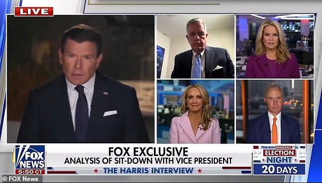 Fox News host Bret Baier recalled with his panel how four people were waving their hands for the interview to end after his exclusive interview with Vice President Kamala Harris aired Wednesday. It was Harris first sit-down with the conservative network