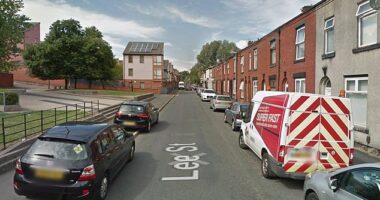The pensioner was allegedly taken while he was walking home on Lee Street in Oldham (pictured) and was attacked as he was driven around West Yorkshire last Sunday