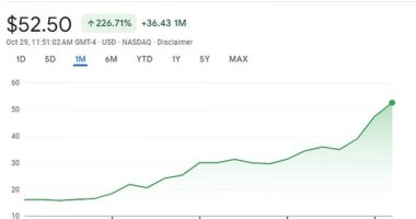 The DJT stock is up by 236 percent this month - on pace for its best month since October 2021. It was trading for over $54 at noon on Tuesday