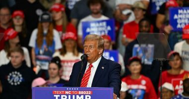 Former President and Republican presidential candidate Donald Trump speaks at a campaign rally in Rocky Mount, North Carolina, on October 30, 2024
