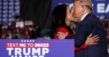 Former Hawaii Democratic Rep. Tulsi Gabbard announced she is joining the Republican party Tuesday night. The gesture surprised Trump who embraced her on stage shortly after she made the announcement