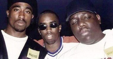 Diddy has long been rumored to have been involved in the murder - but has never been charged. The pair are shown with rapper Notorious B.I.G., who was killed in 1997, the year after Tupac's murder