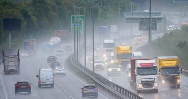 Britain is set for a wet and chilly weekend as cold air sweeps in from the Artic seeing temperatures fall to a frosty 7C (44.6F) (Pictured: Kettering on Tuesday)
