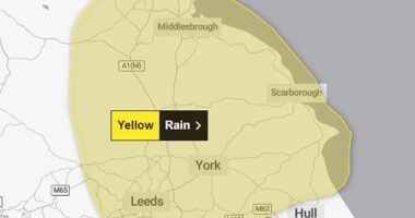 A rain warning has been issued for the North East England, which is in place until 3pm today