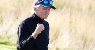 Michael Douglas punched the air with joy as he celebrated a putt during day one of the Alfred Dunhill Championship at Carnoustie in Scotland on Thursday