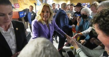 First lady Jill Biden greets supporters after speaking during a campaign stop in Madison, Wis.