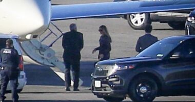 Secret Service agents are seen here as the ex First Lady makes her way on to a private plane in New York on Sunday
