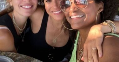 The Duchess of Sussex (centre) with very glamorous Instagram poet Cleo Wade (left) and celebrity colourist Kadi Lee (right) to celebrate her 42nd birthday