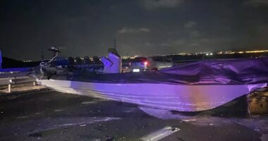 The trio were the first to hit the four-seater 32ft-long 'narcolancha' (pictured) when it ended up on the tarmac near the resort of La Manga on Saturday night at around 9:30pm