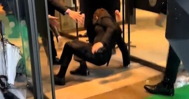 Ariana Grande's boyfriend Ethan Slater took a tumble at the UK premiere of Wicked on Monday evening