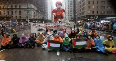 Protesters wearing rain ponchos holding Palestine flags tired to disrupt the parade