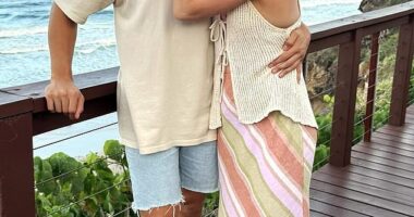AFL star Tom Doedee, 27, (left) is engaged to his partner of ten years Emily Brugman (right)