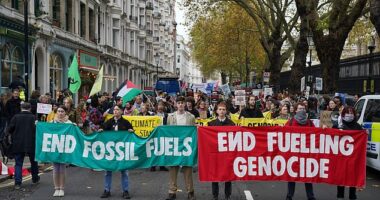 Protesters during the Climate Justice Coalition's March for Global Climate Justice in central London
