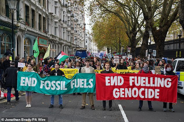 Protesters during the Climate Justice Coalition's March for Global Climate Justice in central London