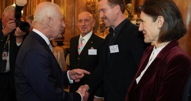 Actor Damien Lewis had King Charles in stitches following his cheeky comment during tonight's reception to mark the centenary of the Film and TV charity at Buckingham Palace