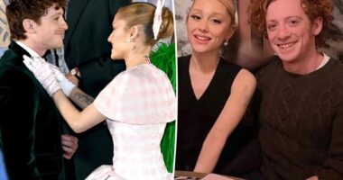 Ariana Grande fixes boyfriend Ethan Slater's bow tie at 'Wicked' premiere