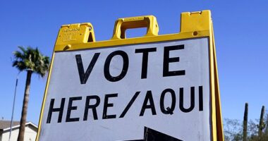 An Arizona 'vote here' sign. The state's Secretary of State said Tuesday that threats in Navajo County are 'unsubstantiated'