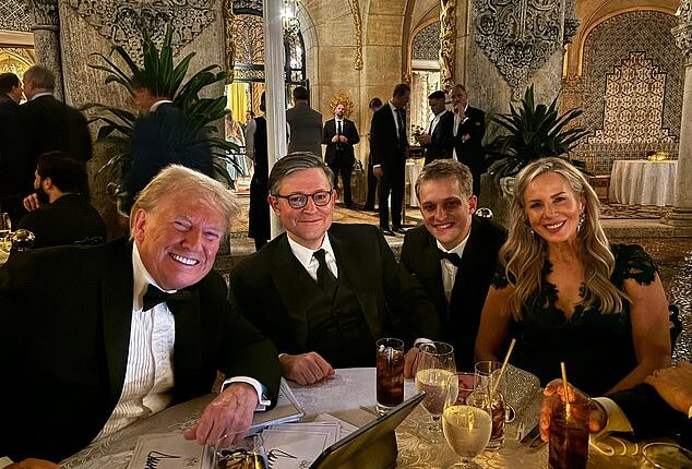 Donald Trump with House Speaker Mike Johnson at Mar-a-Lago last week. Trump's Florida home has become the only place to be for Republican officials and supporters