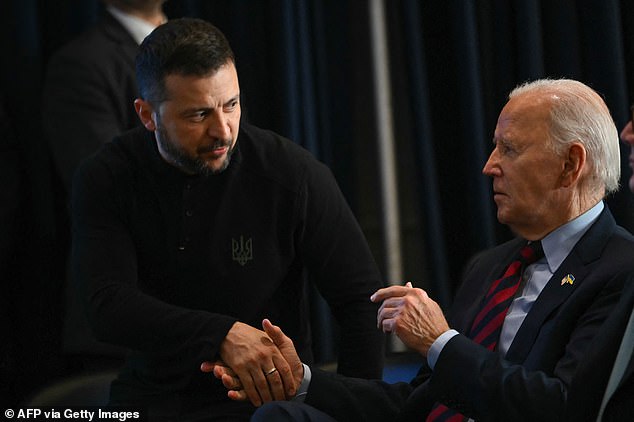 US President Joe Biden shakes hands with Ukrainian President Volodymyr Zelensky in September