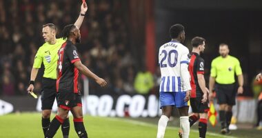Carlos Baleba was handed his marching orders just before the hour mark against Bournemouth