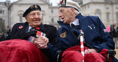 Second World War vets Alec Penstone and Mervyn Kersh were among those on Horse Guards Parade ahead of the Royal British Legion march past the Cenotaph today
